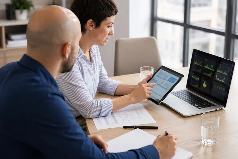 Two colleagues reviewing data on a tablet
